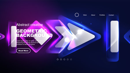Abstract background landing page, glass geometric shapes with glowing neon light reflections, energy effect concept on glossy formsのイラスト素材