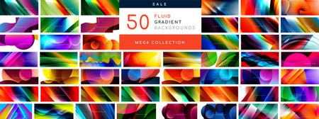 Mega collection of bright fluid gradient backgrounds. Backdrop bundle for wallpaper, banner, background, landing page, wall art, invitation, print, postersのイラスト素材