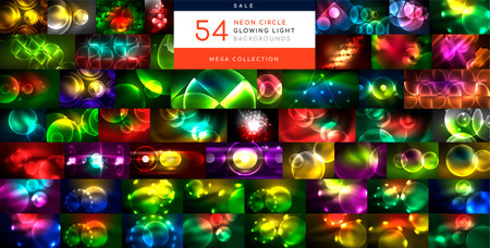 Mega collection of neon circle light effect abstract backgrounds. Backdrop bundle for wallpaper, banner, background, landing page, wall art, invitation, print, postersのイラスト素材