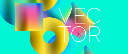 Squares and circles design. Fluid color gradients with metallic effects. Serene synergy of shapes, merging squares and circles into harmonious, captivating designのイラスト素材