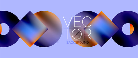 Squares and circles design. Fluid color gradients with metallic effects. Serene synergy of shapes, merging squares and circles into harmonious, captivating designのイラスト素材