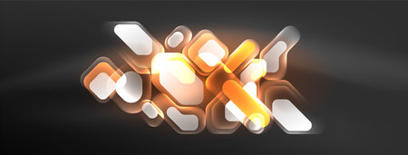 Glowing neon geometric elements abstract background. Neon light or laser show, electric impulse, power lines, techno quantum energy impulse, magic glowing dynamic linesのイラスト素材