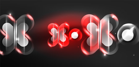 Neon glowing geometric shapes vector abstract background. Round elements, light effects and glass glossy style with color backdrop. Space cosmic or magic energy wallpaperのイラスト素材