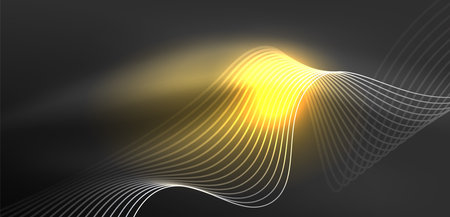 Shiny glowing neon wave. Neon light or laser show, electric impulse, power lines, techno quantum energy impulse, magic glowing dynamic linesのイラスト素材