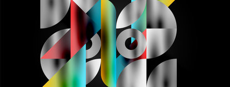 Mosaic pattern composition featuring harmonious interplay of triangles, lines, and round elements,...