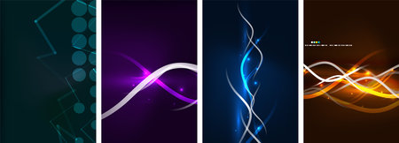 Neon glittering glowing light geometric shapes posters. Vector illustration For Wallpaper, Banner, Background, Card, Book Illustration, landing pageのイラスト素材