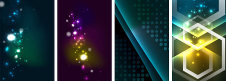 Neon glittering glowing light geometric shapes posters. Vector illustration For Wallpaper, Banner, Background, Card, Book Illustration, landing pageのイラスト素材
