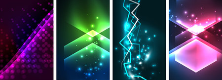 Neon glittering glowing light geometric shapes posters. Vector illustration For Wallpaper, Banner, Background, Card, Book Illustration, landing pageのイラスト素材