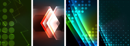 Neon glittering glowing light geometric shapes posters. Vector illustration For Wallpaper, Banner, Background, Card, Book Illustration, landing pageのイラスト素材