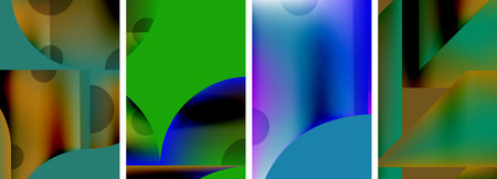 Set of colorful geometric posters - round shapes and circles with fluid color gradients. Abstract backgrounds for wallpaper, business card, cover, poster, banner, brochure, header, websiteのイラスト素材
