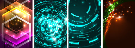 Neon glittering glowing light geometric shapes posters. Vector illustration For Wallpaper, Banner, Background, Card, Book Illustration, landing pageのイラスト素材