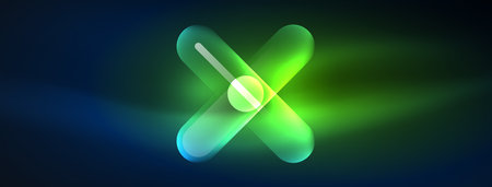 Abstract design pulsates with neon glowing light effects, casting an entrancing glow in the darkness, captivating the eye with its vibrant energy. Glass circles neon glowing light effectsのイラスト素材