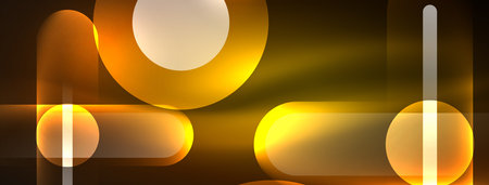 Abstract design pulsates with neon glowing light effects, casting an entrancing glow in the darkness, captivating the eye with its vibrant energy. Glass circles neon glowing light effectsのイラスト素材