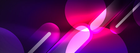 Abstract design pulsates with neon glowing light effects, casting an entrancing glow in the darkness, captivating the eye with its vibrant energy. Glass circles neon glowing light effectsのイラスト素材