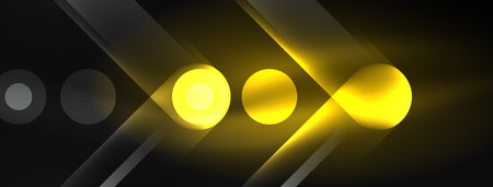 Abstract design pulsates with neon glowing light effects, casting an entrancing glow in the darkness, captivating the eye with its vibrant energy. Glass circles neon glowing light effectsのイラスト素材