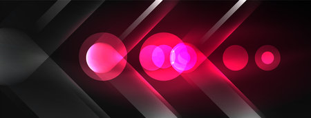 Abstract design pulsates with neon glowing light effects, casting an entrancing glow in the darkness, captivating the eye with its vibrant energy. Glass circles neon glowing light effectsのイラスト素材