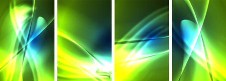 Neon Lines Waves. Abstract Background Poster Collection. Captivating array of vibrant designs, pulsating with dynamic energy against a dark backdrop. Explore the mesmerizing allure of neon wavesのイラスト素材