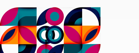 a colorful geometric pattern with circles and squares on a white background