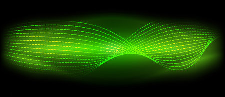 A green glowing wave reminiscent of neon lighting on a black background, creating a mesmerizing visual effect. The electric blue and magenta hues give it a symmetrical and vibrant appearanceのイラスト素材