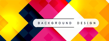 A vibrant background featuring triangles, rectangles, and lines in shades of red, violet, and...