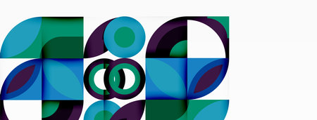 Geometric pattern of circles and squares in blue and purple on white background