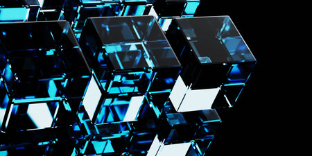 3d render of transparent glass cubes on black backgroundの写真素材