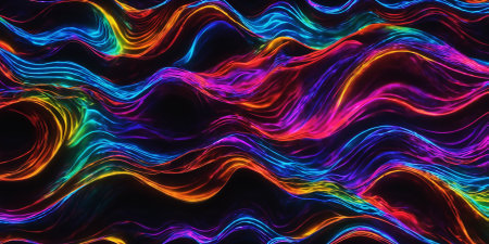 Colorful neon waves, digital flowing lines, black style backgroundの素材