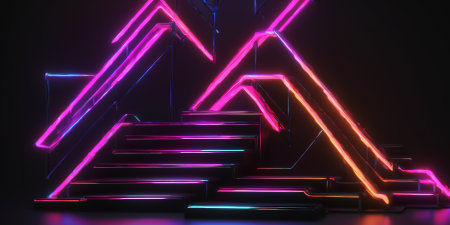 Neon led lights in dark room with stepsの素材