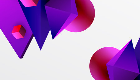 Abstract design showcasing isometric cubes, pyramids, squares, and spheres in a vibrant 3D layout....