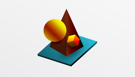 Abstract design showcasing isometric cubes, pyramids, squares, and spheres in a vibrant 3D layout. Modern and dynamic, perfect for tech, design, or futuristic themesのイラスト素材