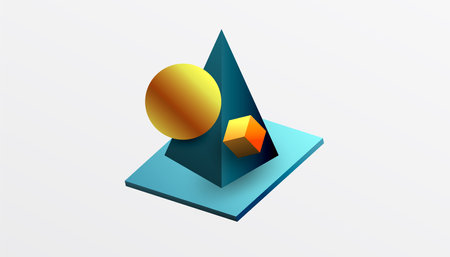 Abstract design showcasing isometric cubes, pyramids, squares, and spheres in a vibrant 3D layout. Modern and dynamic, perfect for tech, design, or futuristic themesのイラスト素材