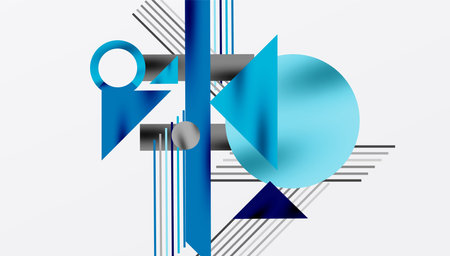 Geometric Abstract Background with Bold Shapes and Contrasting Colors. Circles, triangles, squares and lines with shadow effectのイラスト素材