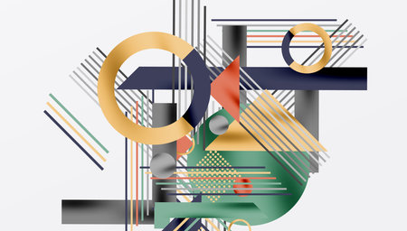 Geometric Abstract Background with Bold Shapes and Contrasting Colors. Circles, triangles, squares and lines with shadow effectのイラスト素材