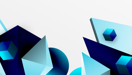 Abstract design showcasing isometric cubes, pyramids, squares, and spheres in a vibrant 3D layout. Modern and dynamic, perfect for tech, design, or futuristic themesのイラスト素材