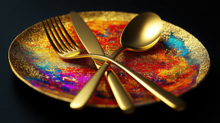 Golden fork and knife crossed over a glowing plate of vibrant, abstract food forms, symbolizing balance and harmony in culinary creativityの素材