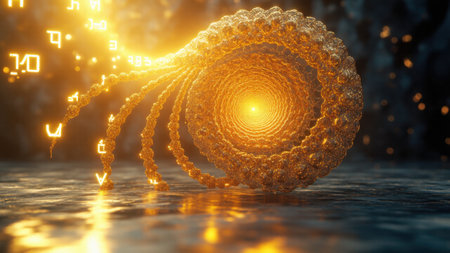 Mathematical equation transforms into golden spirals, fractals, and geometric shapes. A vibrant depiction of the seamless connection between math and artの素材