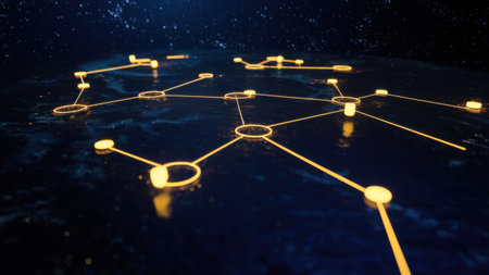 Glowing network of blockchain nodes floats in space, connected by golden lines. Each node symbolizes unique cryptocurrency vaults and DeFis boundless potentialの素材