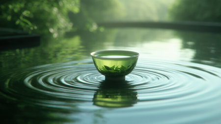 Tea leaf unfurls like blooming flower on still water creating ripples, symbolizing refreshing elegance and summer tranquilityの素材