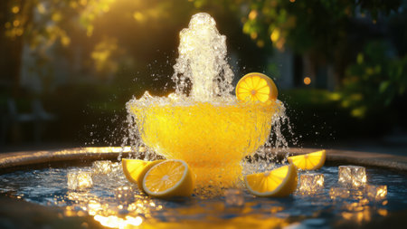 Vibrant fountain streams bright yellow lemonade, surrounded by floating lemon slices and ice cubes, symbolizing a refreshing escape from the summer heatの素材