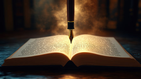Open book with glowing text filling its pages from a floating ink pen symbolizes artificial intelligence as the author of future possibilitiesの素材
