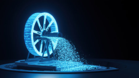 Digital watermill with binary code streams flowing through its wheel symbolizes data as the lifeblood of modern processes, fueling innovation and systemsの素材
