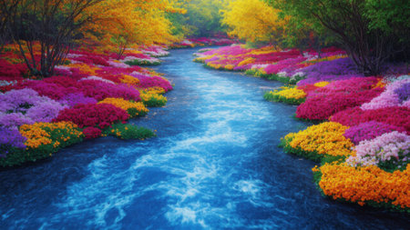 Crystal-clear river flows with blooming flower buds instead of water, symbolizing springs harmonious awakening and natures vibrant, refreshing beautyの素材