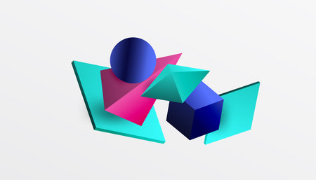 Abstract design showcasing isometric cubes, pyramids, squares, and spheres in a vibrant 3D layout....