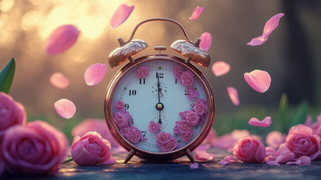 Artistic alarm clock releases petals of roses, tulips, and lilacs instead of sound, symbolizing the awakening of spring and natures vibrant renewalの素材