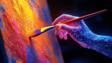 Algorithmic hand painting a vibrant digital canvas with intricate patterns and flowing lines symbolizes the fusion of algorithms and artistic creationの素材
