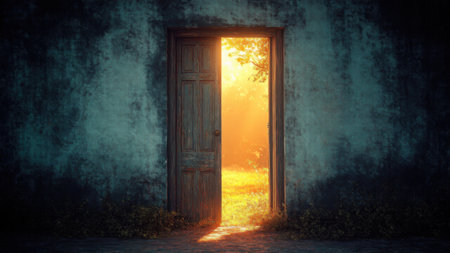 Old wooden door slightly ajar, glowing warmly from the keyholes space, representing openness, trust, and unbarred access for everyoneの素材