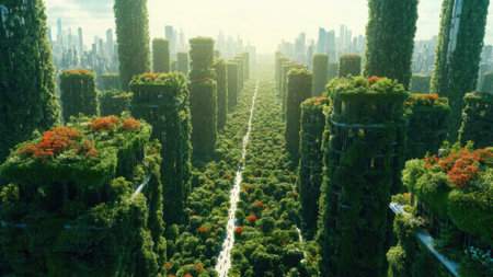 Stunning cityscape where nature transforms skyscrapers and streets into a blooming paradise, blending urban life with lush greenery and vibrant flowersの素材