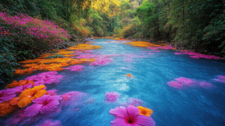 Crystal-clear river flows with blooming flower buds instead of water, symbolizing springs harmonious awakening and natures vibrant, refreshing beautyの素材