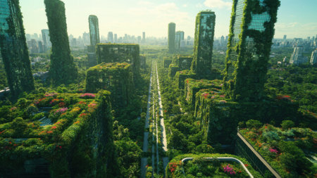 Stunning cityscape where nature transforms skyscrapers and streets into a blooming paradise, blending urban life with lush greenery and vibrant flowersの素材