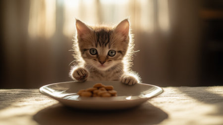 Playful kitten reaches toward a plate, trying to grab a piece of food. A humorous and cheeky moment capturing the kitten mischievous natureの素材